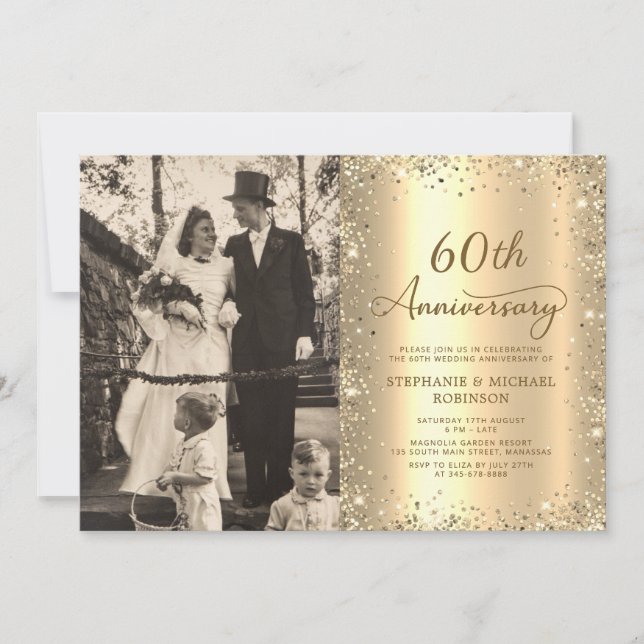 Modern Guld Glitter Foto 60-års Bröllopsjubileum Inbjudningar (Framsida)
