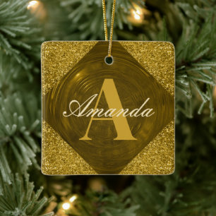 Modern Guld Glitter Girly Monogram Julgransprydnad Keramik