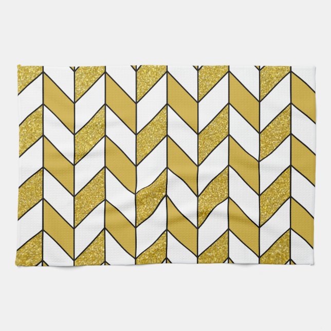 Modern Guld Glitter Herringbone Chevron Mönster Kökshandduk (Horisontell)