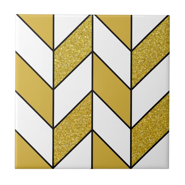 Modern Guld Glitter Herringbone Chevron Mönster v2 Kakelplatta (Framsidan)