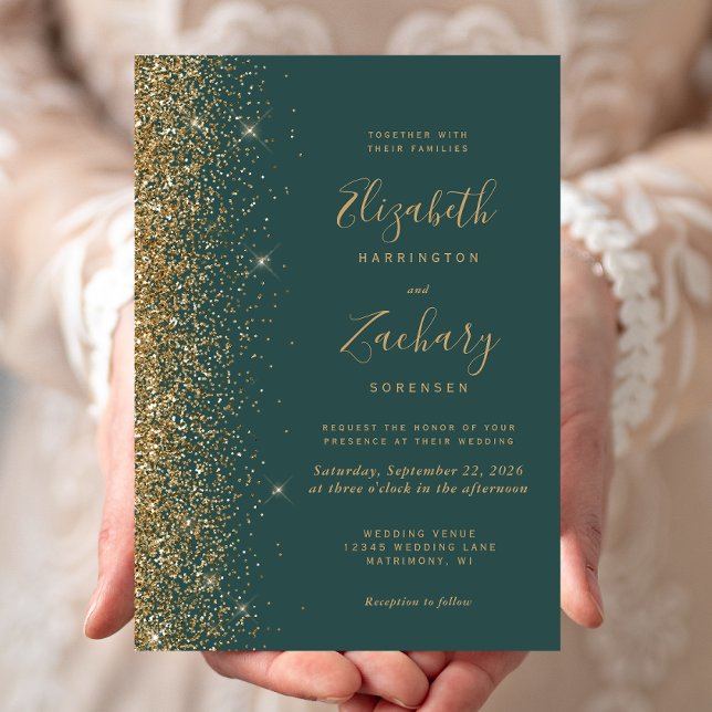 Modern Guld Glitter Kant Mörkgrön Bröllop Inbjudningar (Skapare uppladdad)