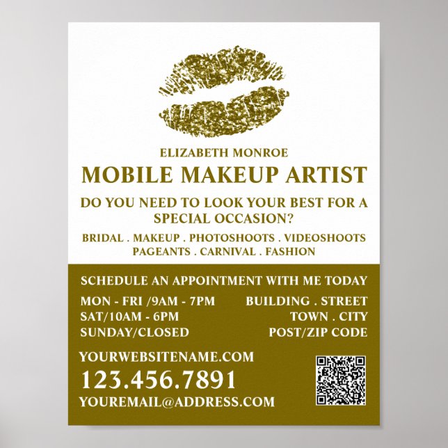 Modern Guld Glitter Läppar, Makeup Artist Advert Poster (Framsidan)