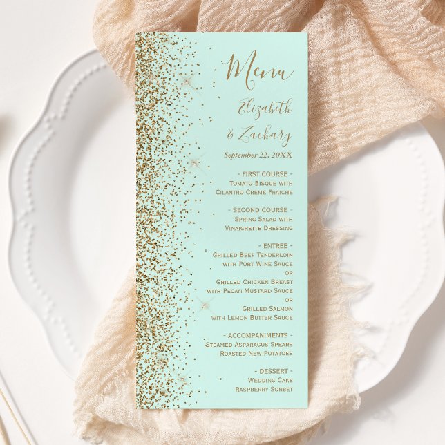 Modern Guld Glitter Mintgrön Bröllop Meny (Skapare uppladdad)
