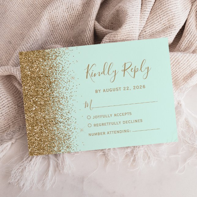 Modern Guld Glitter Mintgrön Bröllop OSA Kort (Skapare uppladdad)