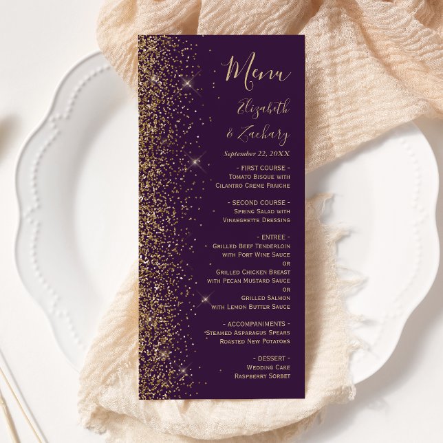 Modern Guld Glitter Mörk Lila Bröllop Meny (Skapare uppladdad)