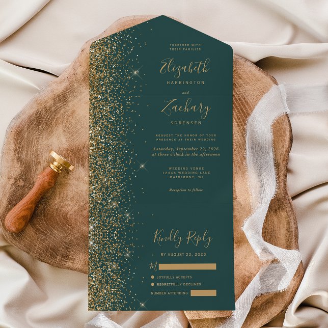 Modern Guld Glitter Mörkgrön Bröllop (Skapare uppladdad)