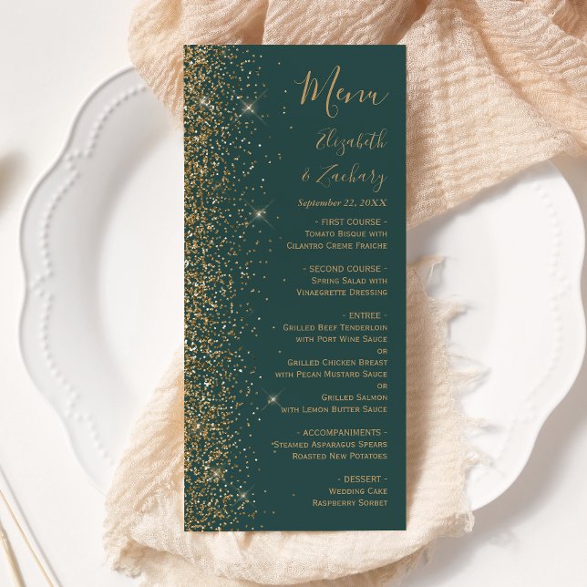 Modern Guld Glitter Mörkgrön Bröllop Meny (Skapare uppladdad)