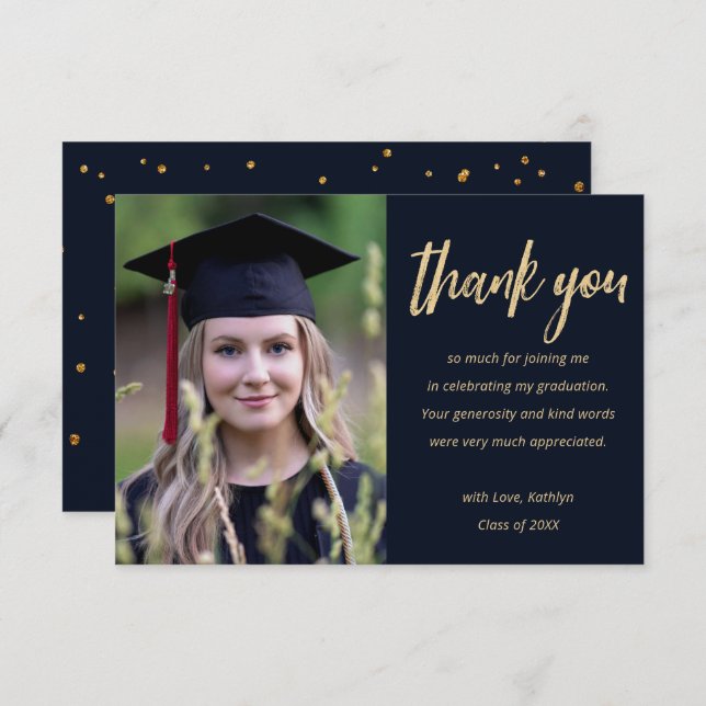 Modern Guld Glitter Personlig Photo Studenten Tack Kort (Fram/baksida)