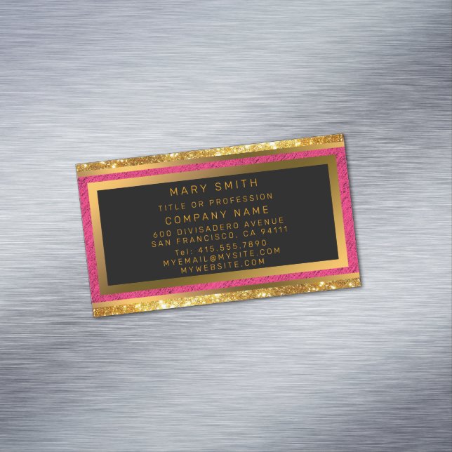 Modern Guld Glitter Rosa Linen Magnetiska Visitkort (In Situ)