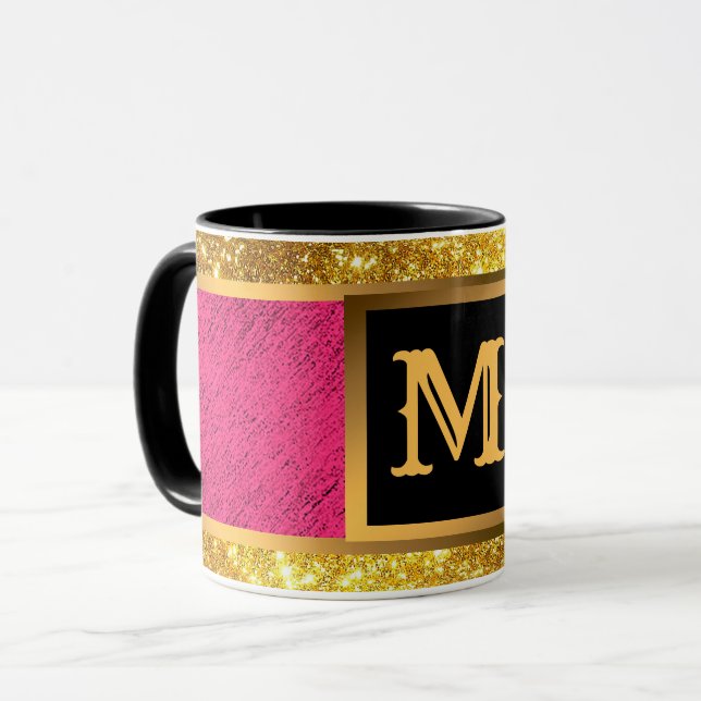 Modern Guld Glitter Rosa Linen Monogrammed Mugg (Framsida vänster)