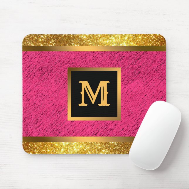 Modern Guld Glitter Rosa Linen Monogrammed Musmatta (Med mus)