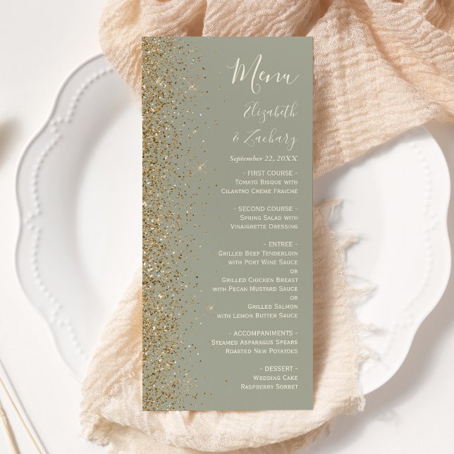 Modern Guld Glitter Sage Grönt Bröllop Meny (Skapare uppladdad)