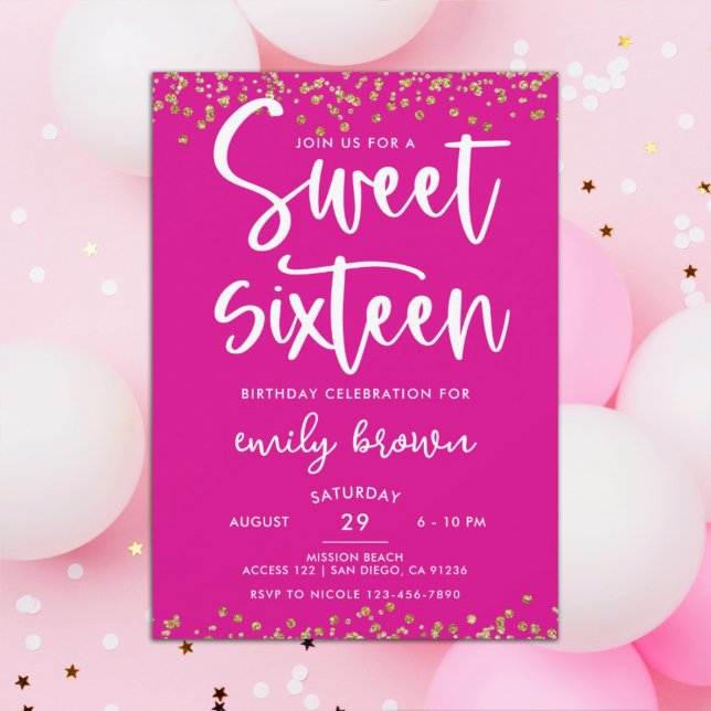 Modern Guld Glitter Shock rosa Sweet 16 födelsedag Inbjudningar (Skapare uppladdad)