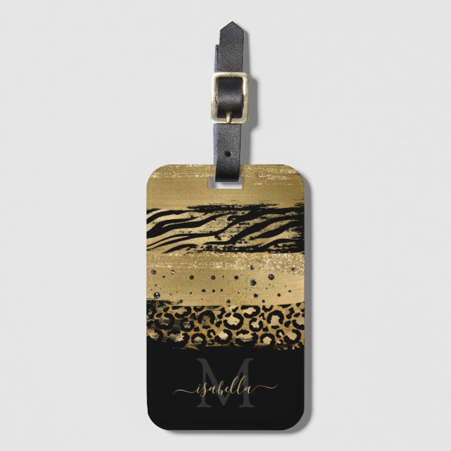 Modern Guld Glitter-skript, monogrammad Bagagebricka (Framsida vertikal)