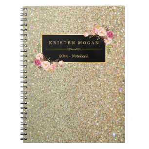 Modern Guld Glitter Sparkles Girly-Blommigt Anteckningsbok Med Spiral