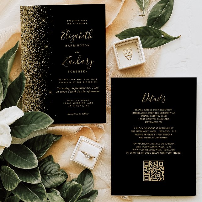 Modern Guld Glitter Svart QR-kod Bröllop Inbjudningar (Skapare uppladdad)