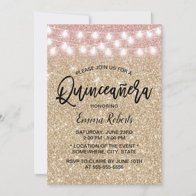 Modern Guld Gnistra Faux Glitter Quinceanera 15 Inbjudningar (Framsida)