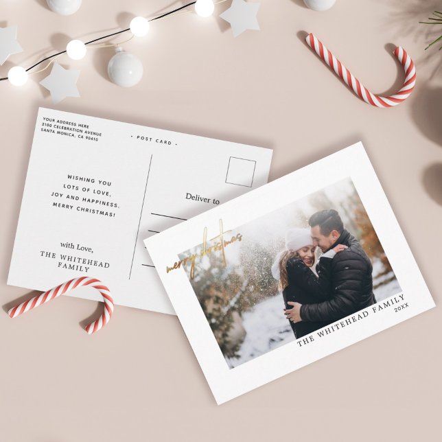 Modern Guld God jul Lettering Photo White Vykort (Skapare uppladdad)