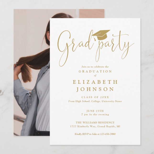 Modern Guld Grad Party-skript Foto Studenten Inbjudningar (Fram/baksida)