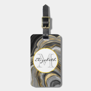 Modern Guld & Grått Agate Geode Mineral Monogram Bagagebricka
