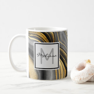Modern Guld & Grått Agate Geode Mineral Monogram Kaffemugg