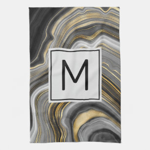 Modern Guld & Grått Agate Geode Mineral Monogram Kökshandduk