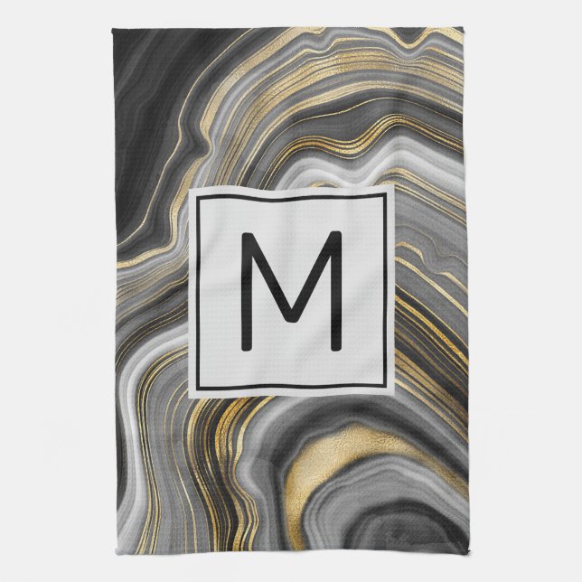 Modern Guld & Grått Agate Geode Mineral Monogram Kökshandduk (Vertikal)