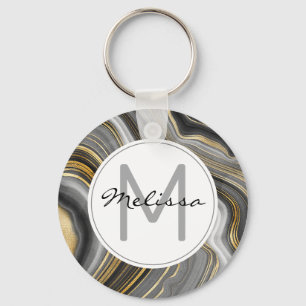 Modern Guld & Grått Agate Geode Mineral Monogram Nyckelring