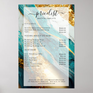 Modern guld-grön-glitter marmor salong prislista poster