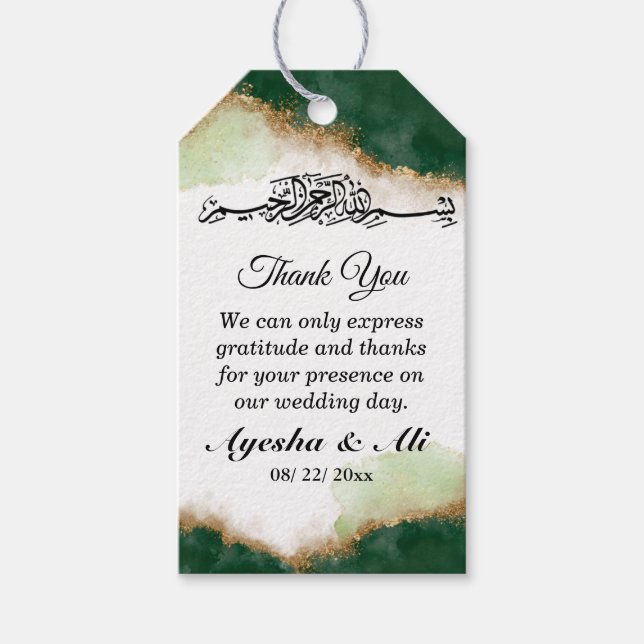 Modern Guld Grönt Agate Islamic bröllop Presentetikett (Framsidan)