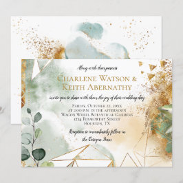 Modern Guld Grönt Geometric Botanical Bröllop Inbjudningar