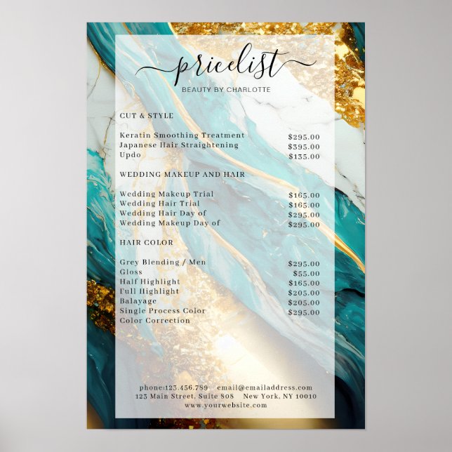 Modern Guld-Grönt-Glitter-Marble Salon Preisliste Poster (Framsidan)