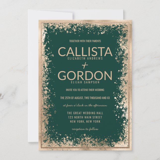 Modern Guld Grönt Splatter Glitter Gräns Bröllop Inbjudningar (Framsida)