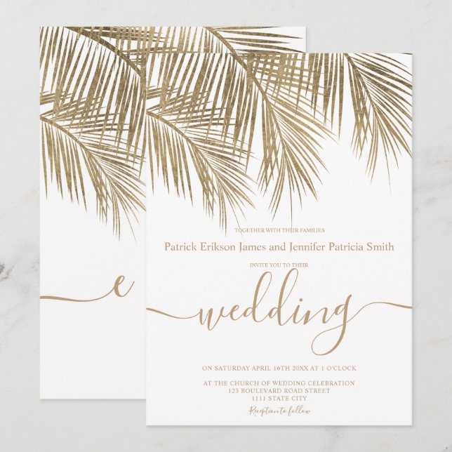 Modern guld handflatan elegant träd bröllop inbjudningar (Fram/baksida)