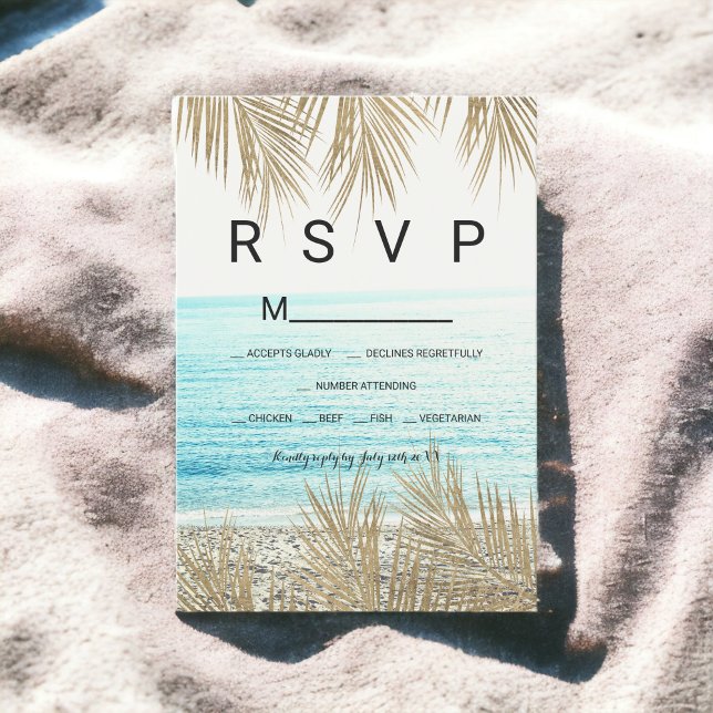 Modern guld handflatan träd-strandfoto OSA bröllop Kort (Modern gold palm tree beach photo RSVP wedding)