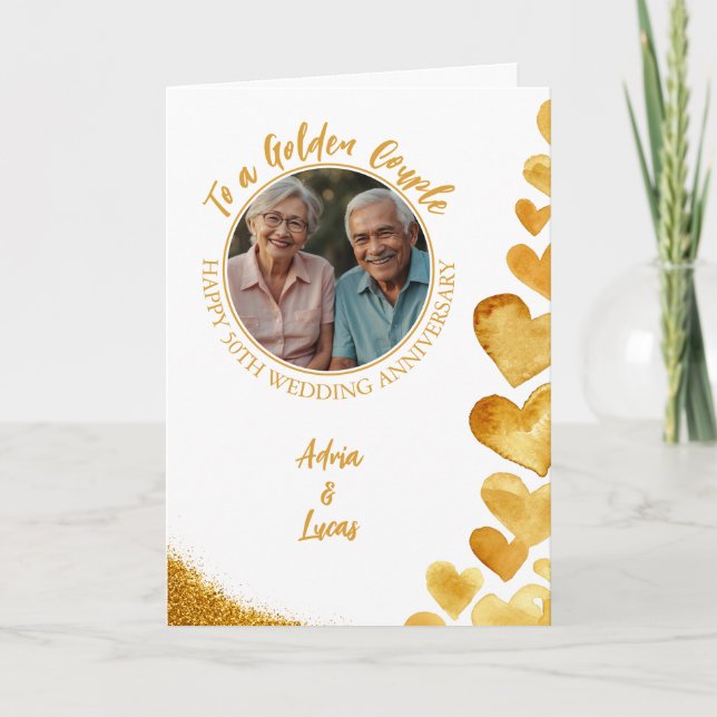 Modern Guld Heart 50:e Bröllop-årsdagen Kort (Framsida)