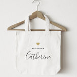 Modern Guld Heart Bridesmaid Tote Bag Tygkasse<br><div class="desc">Anpassningsbar-designad tote-väska för din brud som har personlig namn i modern manuell kalligrafi med guld hjärtdesign.</div>