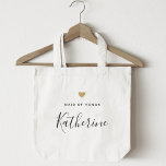 Modern Guld Heart Maid of honor Tote Bag Tygkasse<br><div class="desc">En anpassningsbar-designad tote-väska för maid of honor med personlig namn i modern manuell kalligrafi med guld hjärtdesign.</div>
