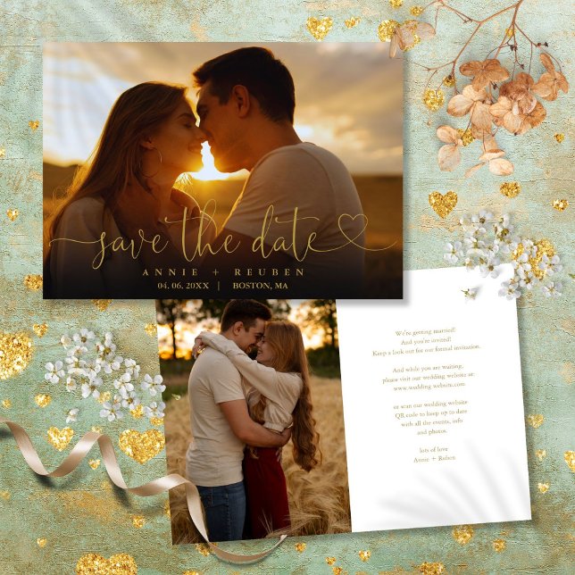 Modern Guld Hjärtformad Skript Foto Bröllop Spara Datumet (Modern Gold Heart Script Photo Wedding Save The Date)