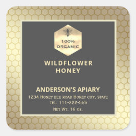 Modern guld honungsbin honung burk fyrkantigt klistermärke