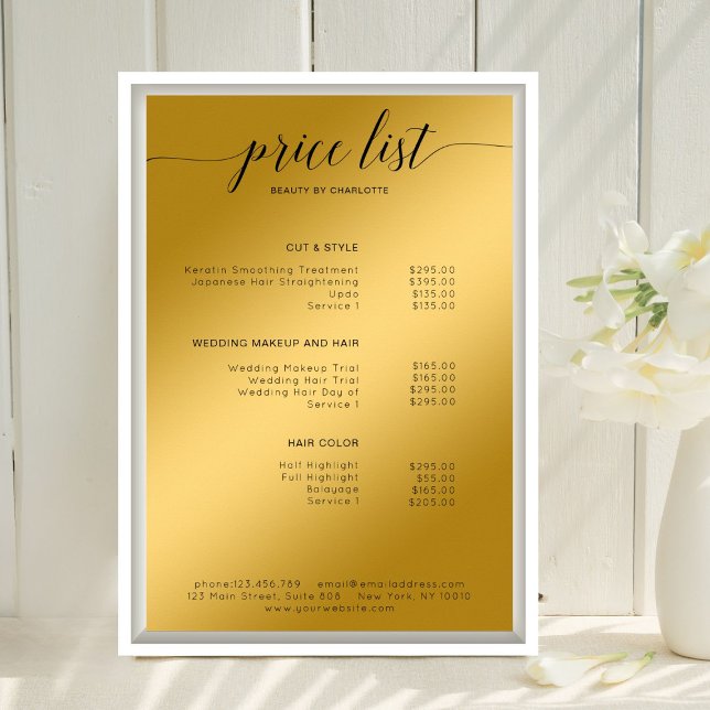 Modern, Guld (Imitera) Salong Prislista Affisch (Modern, Gold (Imitate) Salon Price List Poster Template. Print & Download Available.)