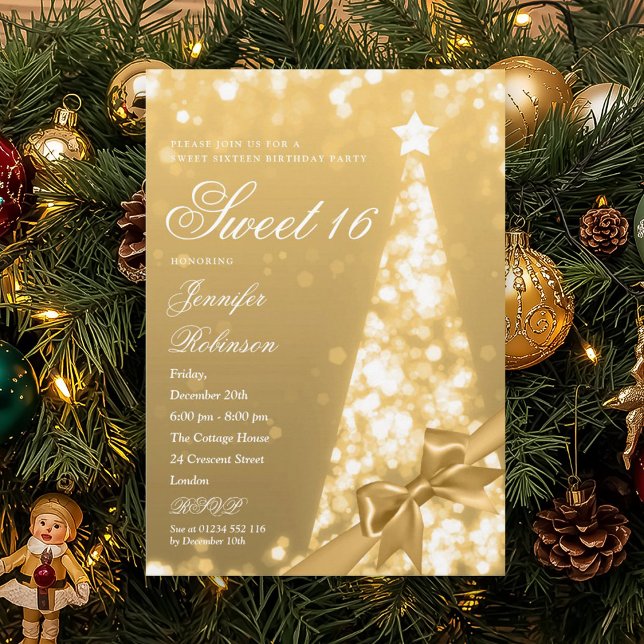 Modern guld julgran båge söt 16 födelsedagsfest inbjudningar (Modern Gold Xmas Tree Bow Sweet 16 Birthday Party Invitation)