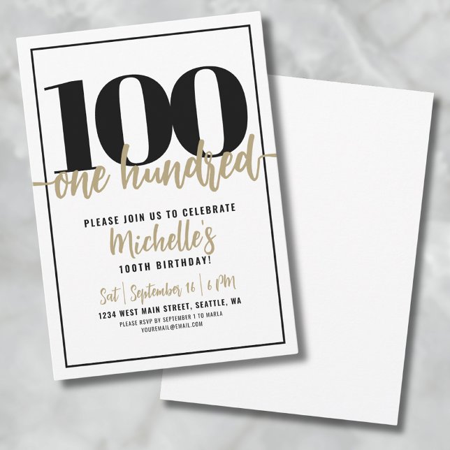 Modern Guld-Kalligrafi 100-års Födelsedagsfest Inbjudningar (Modern 100th Birthday Party Invitation)
