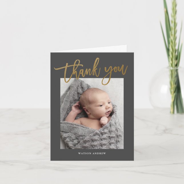 Modern guld kalligrafi foto baby tack kort (Framsida)