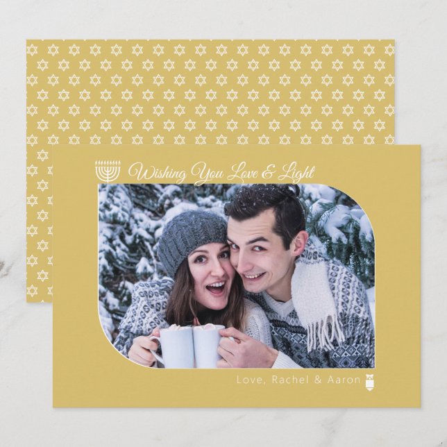 Modern Guld Kärlek och Light Hanukkah Photo Julkort (Fram/baksida)
