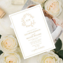 Modern Guld Leafy Vapensköld Monogram Photo Bröllo