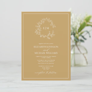 Modern Guld Leafy Vapensköld Monogram Photo Bröllo Inbjudningar