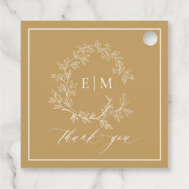 Modern Guld Leafy Vapensköld Monogram Wedding Favo Gåvor Etiketter