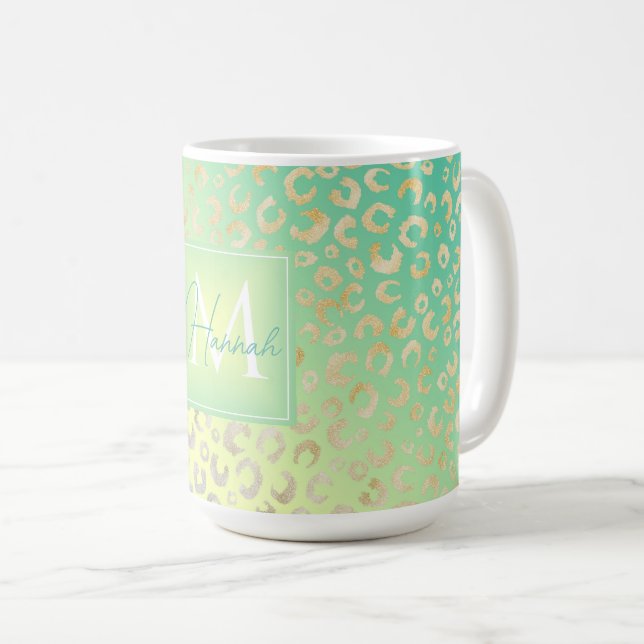 Modern Guld Leopard Print Gult Mint Gradient Kaffemugg (Framsida höger)