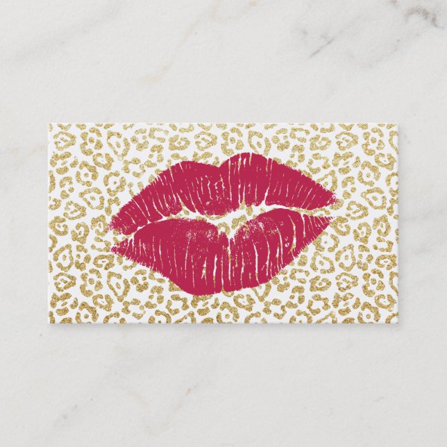 Modern Guld Leopard Skriv ut Red Kiss Makeup Artis Visitkort (Framsida)